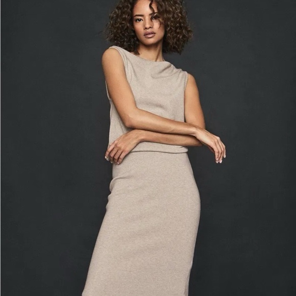 NWT $330 REISS Claudine Draped Knitted Sweater Dress Beige Large - Picture 2 of 9